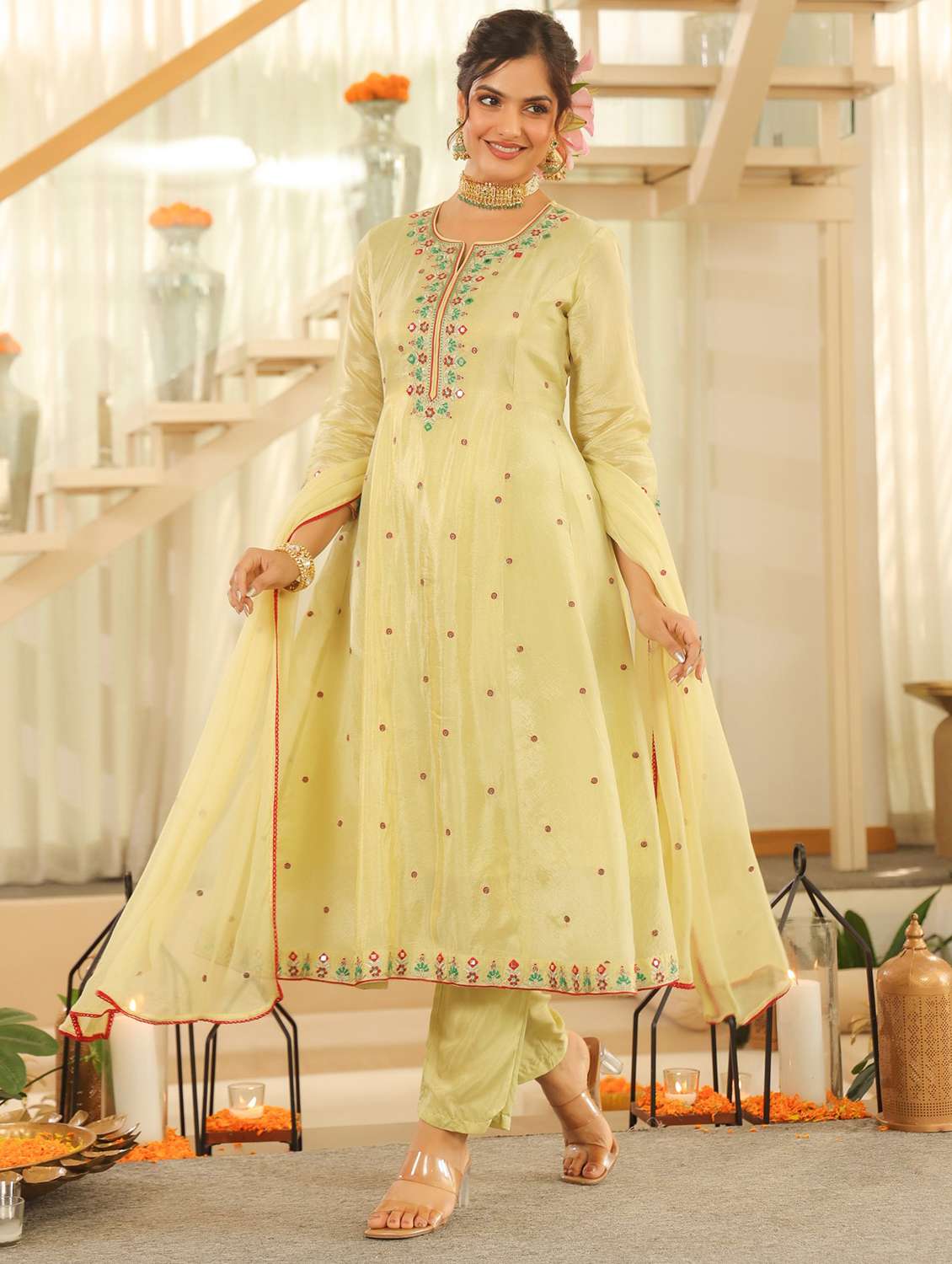 women solid with work three quarter sleeve kurta pant with dupatta set - 22072083 -  Standard Image - 2