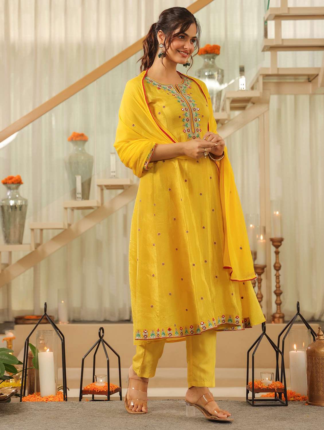 women solid with work three quarter sleeve kurta pant with dupatta set - 22072084 - Standard Image - 2