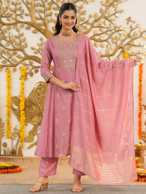 women solid with work three quarter sleeve kurta pant with dupatta set - 22072087 -  Standard Image - 0