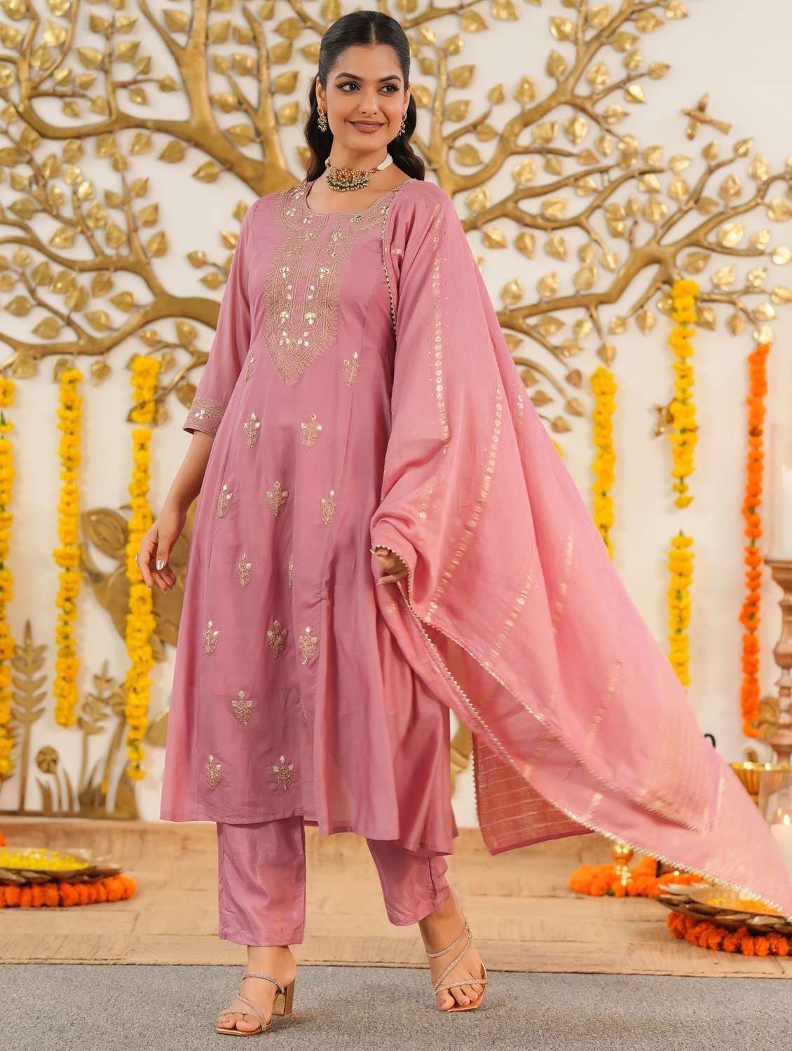 women solid with work three quarter sleeve kurta pant with dupatta set - 22072087 -  Standard Image - 2