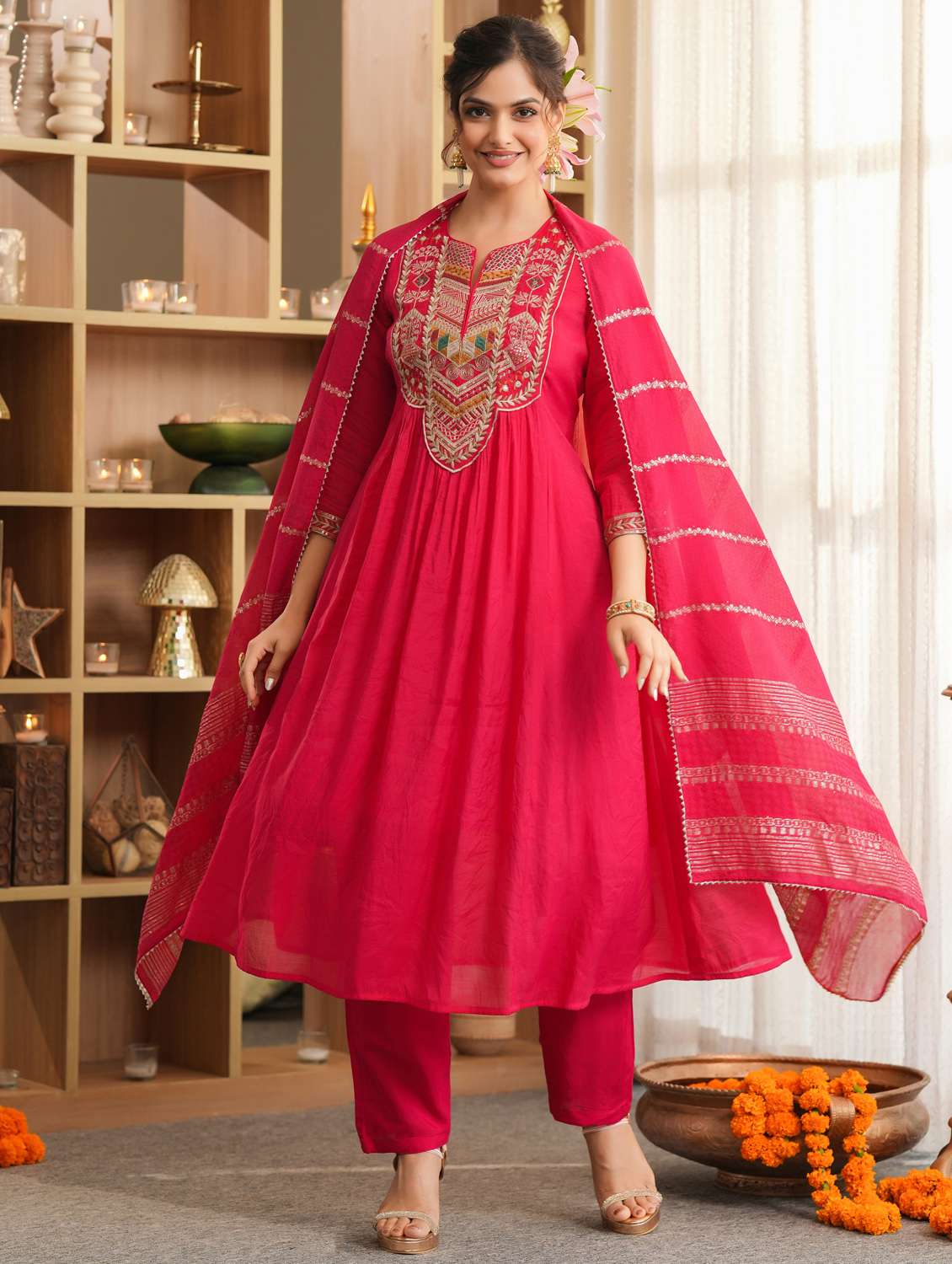 women solid with work three quarter sleeve kurta pant with dupatta set - 22072093 -  Standard Image - 2