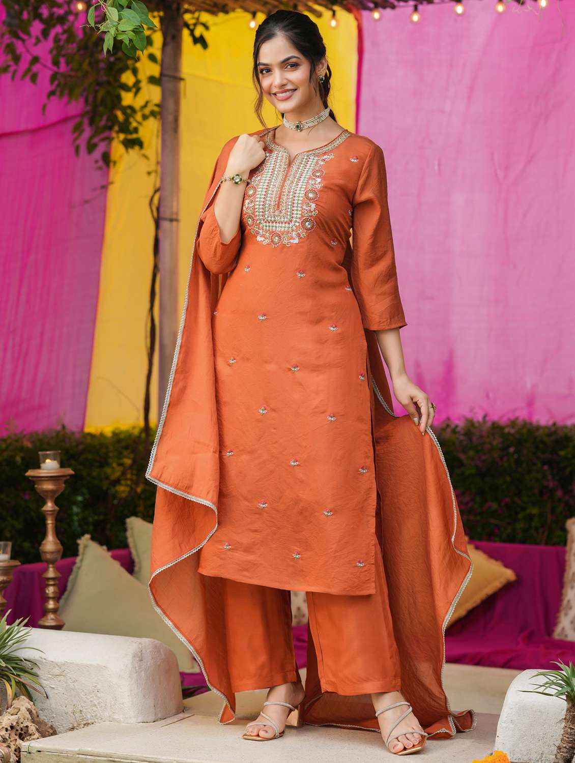 women solid with work three quarter sleeve kurta pant with dupatta set