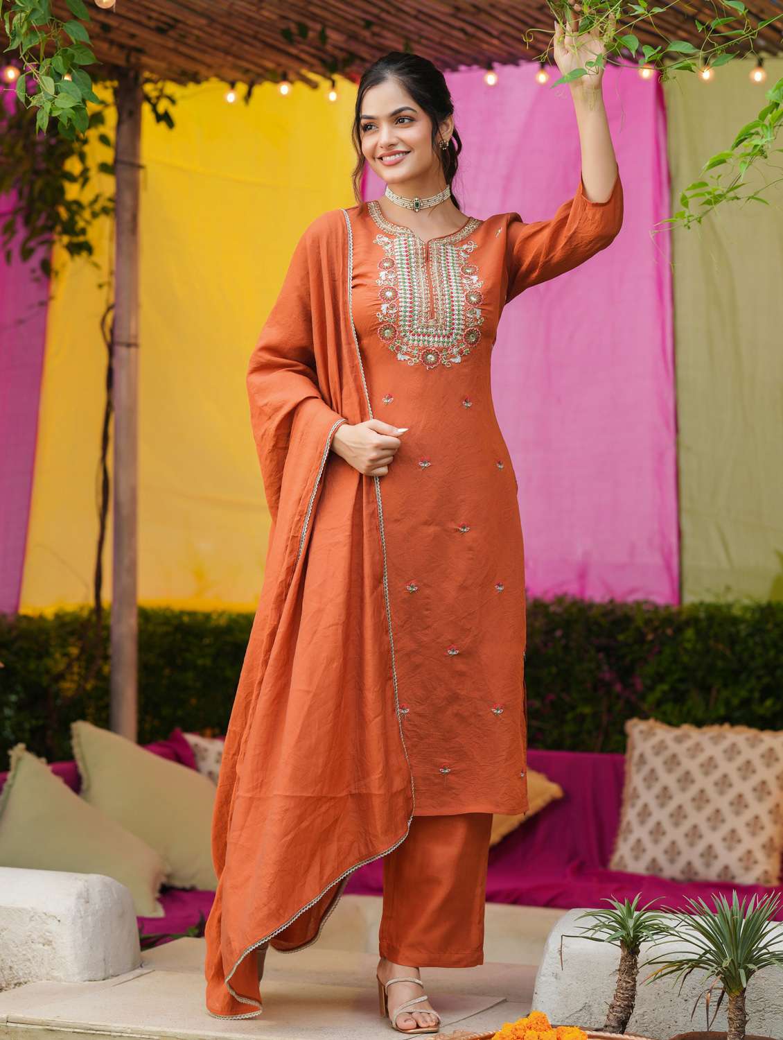 women solid with work three quarter sleeve kurta pant with dupatta set - 22072095 -  Standard Image - 2