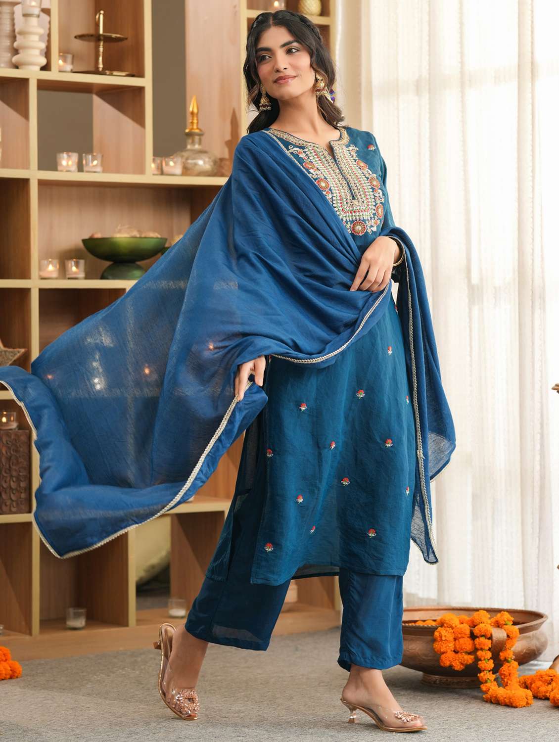 women solid with work three quarter sleeve kurta pant with dupatta set - 22072096 - Standard Image - 2