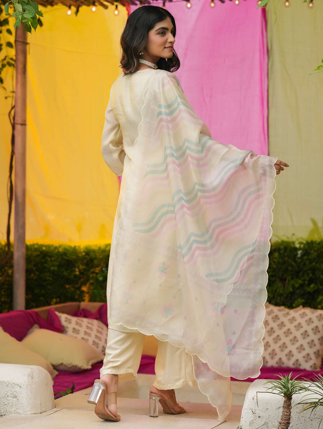 women solid with work three quarter sleeve kurta pant with dupatta set - 22072097 - Standard Image - 2