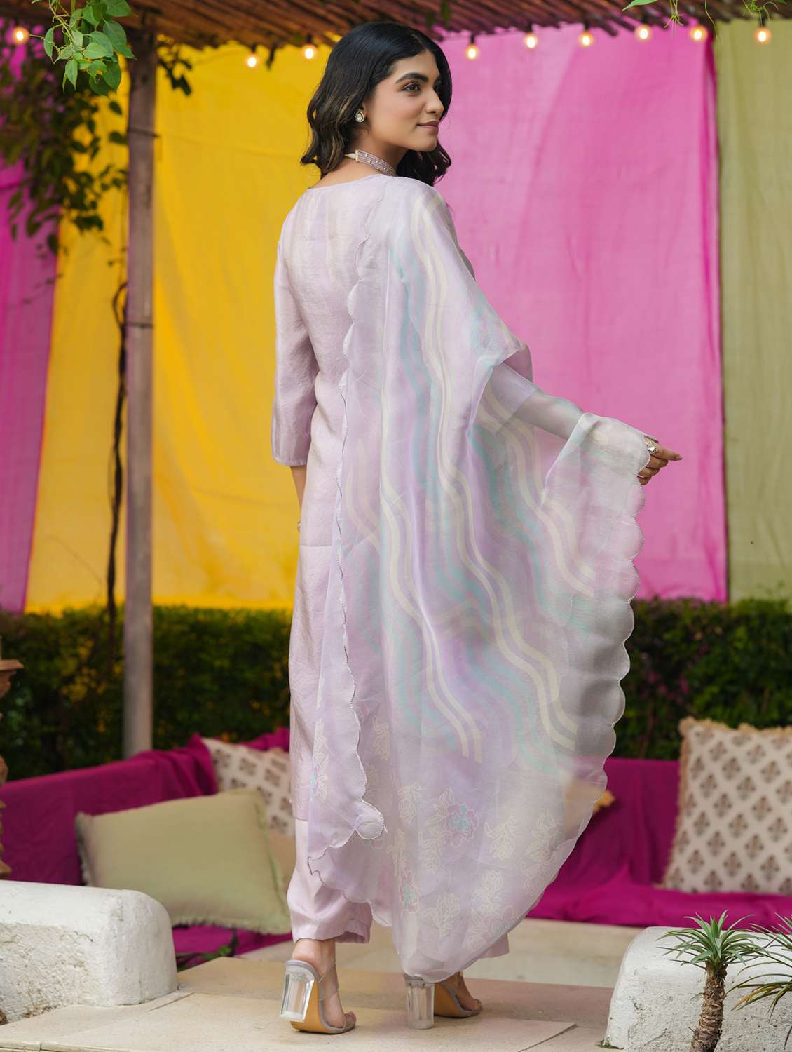 women solid with work three quarter sleeve kurta pant with dupatta set - 22072098 -  Standard Image - 2