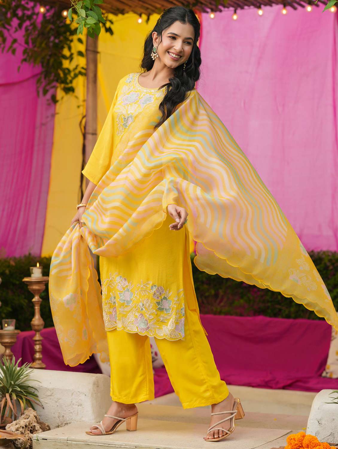 women solid with work three quarter sleeve kurta pant with dupatta set - 22072099 -  Standard Image - 2