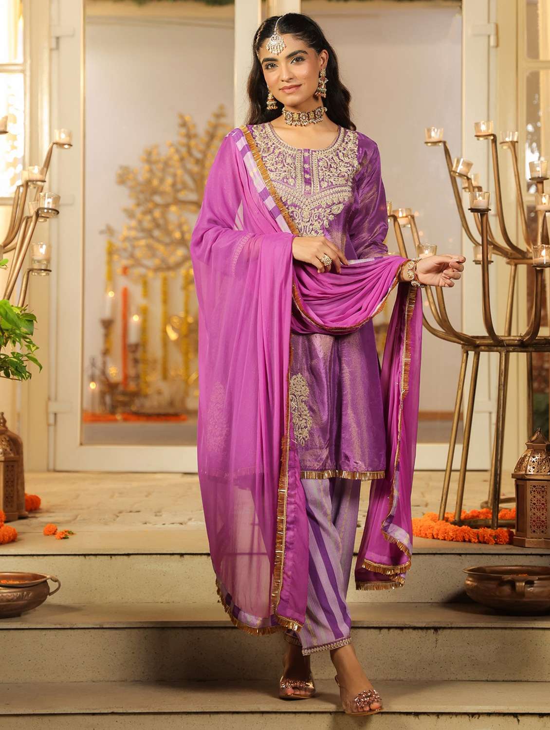 women solid with work three quarter sleeve kurta salwar with dupatta set