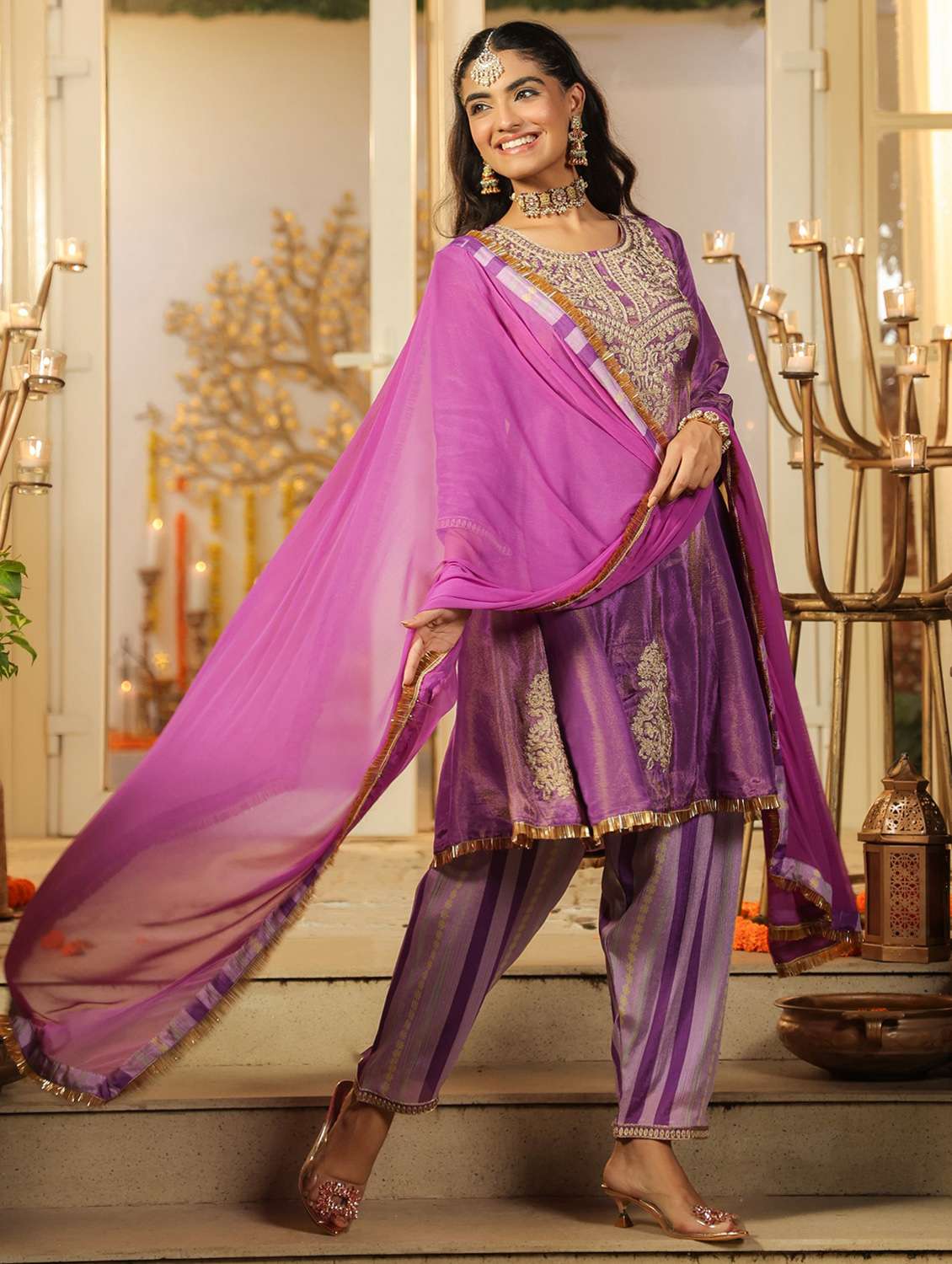 women solid with work three quarter sleeve kurta salwar with dupatta set - 22072100 - Standard Image - 2