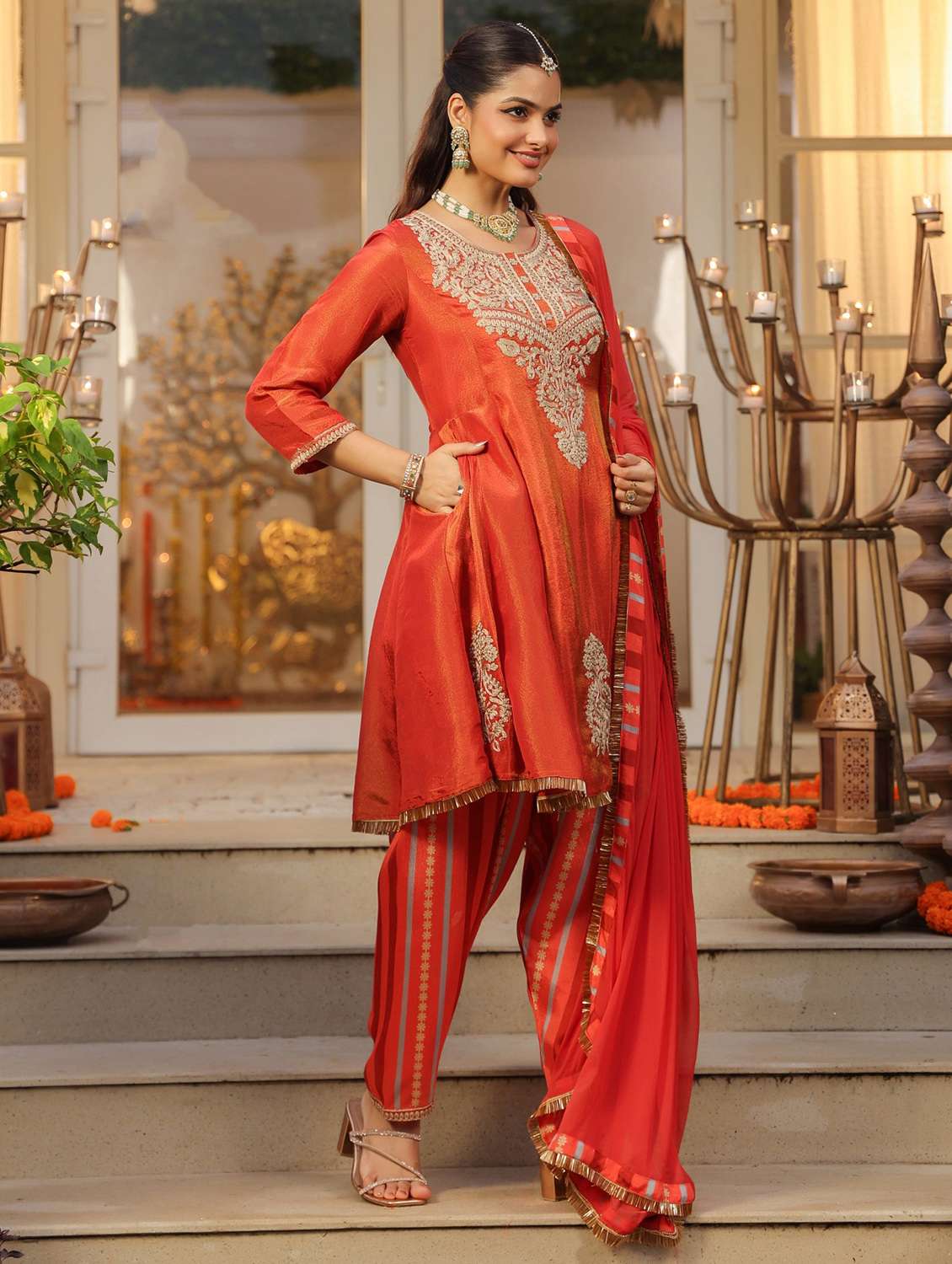 women solid with work three quarter sleeve kurta salwar with dupatta set - 22072101 - Standard Image - 2