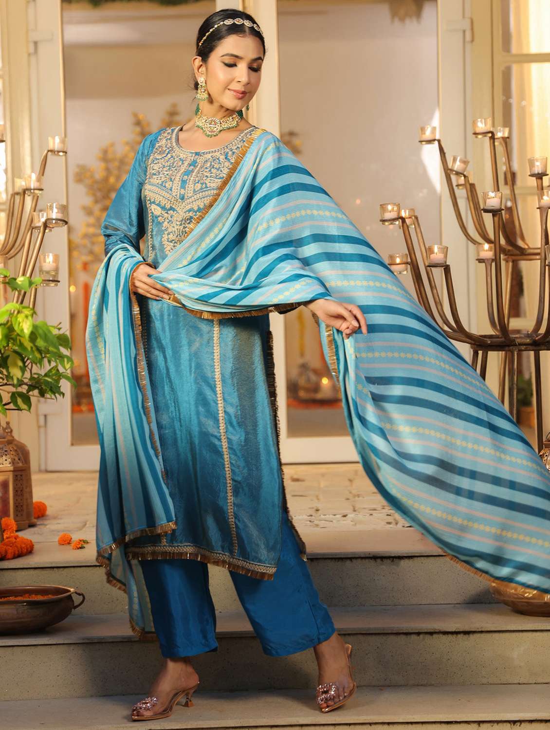 women solid with work three quarter sleeve kurta pant with dupatta set - 22072103 -  Standard Image - 2