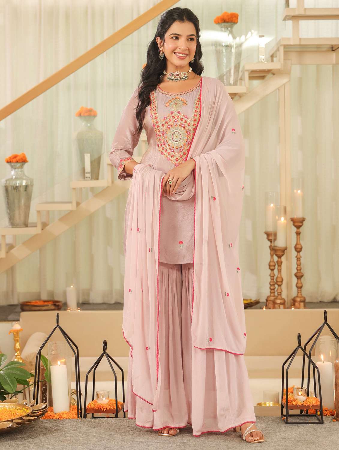 women solid with work three quarter sleeve kurta sharara with dupatta set - 22072105 - Standard Image - 2