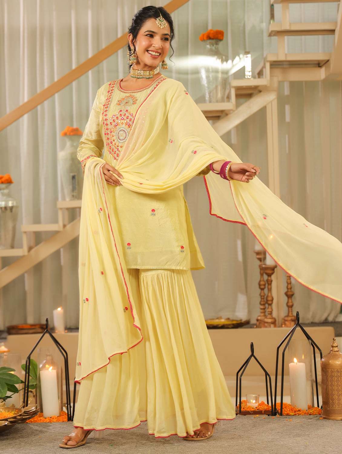 women solid with work three quarter sleeve kurta sharara with dupatta set - 22072106 -  Standard Image - 2