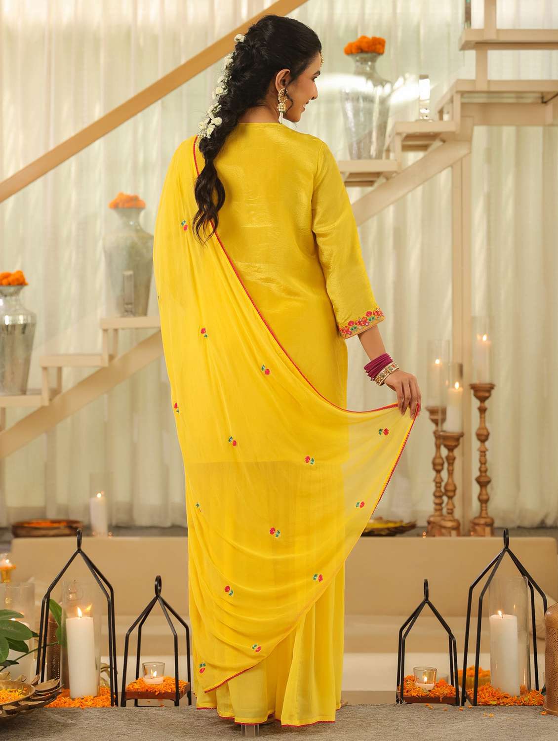 women solid with work three quarter sleeve kurta sharara with dupatta set - 22072107 -  Standard Image - 2