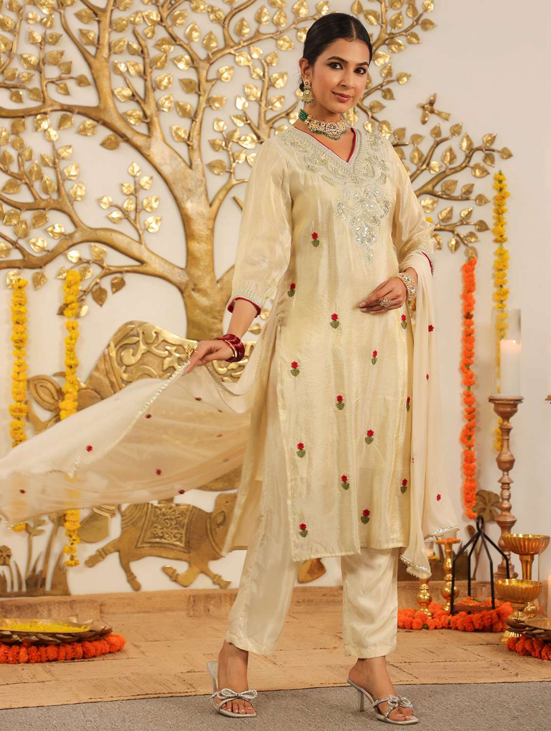 women solid with work three quarter sleeve kurta pant with dupatta set - 22072108 - Standard Image - 2