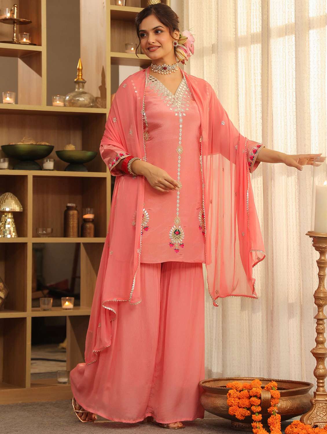 women solid with work three quarter sleeve kurta sharara with dupatta set - 22072110 -  Standard Image - 2