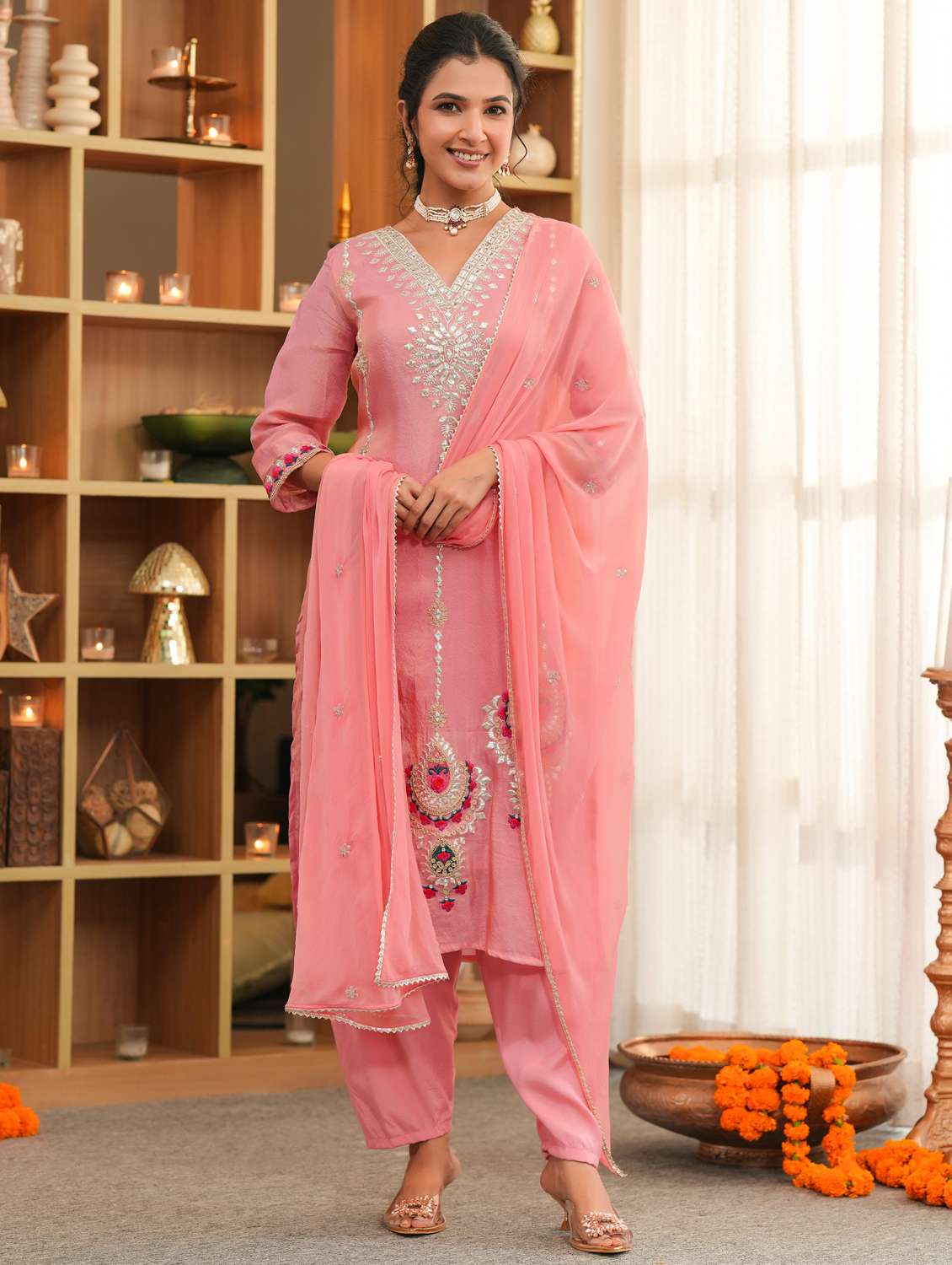 women solid with work three quarter sleeve kurta pant with dupatta set