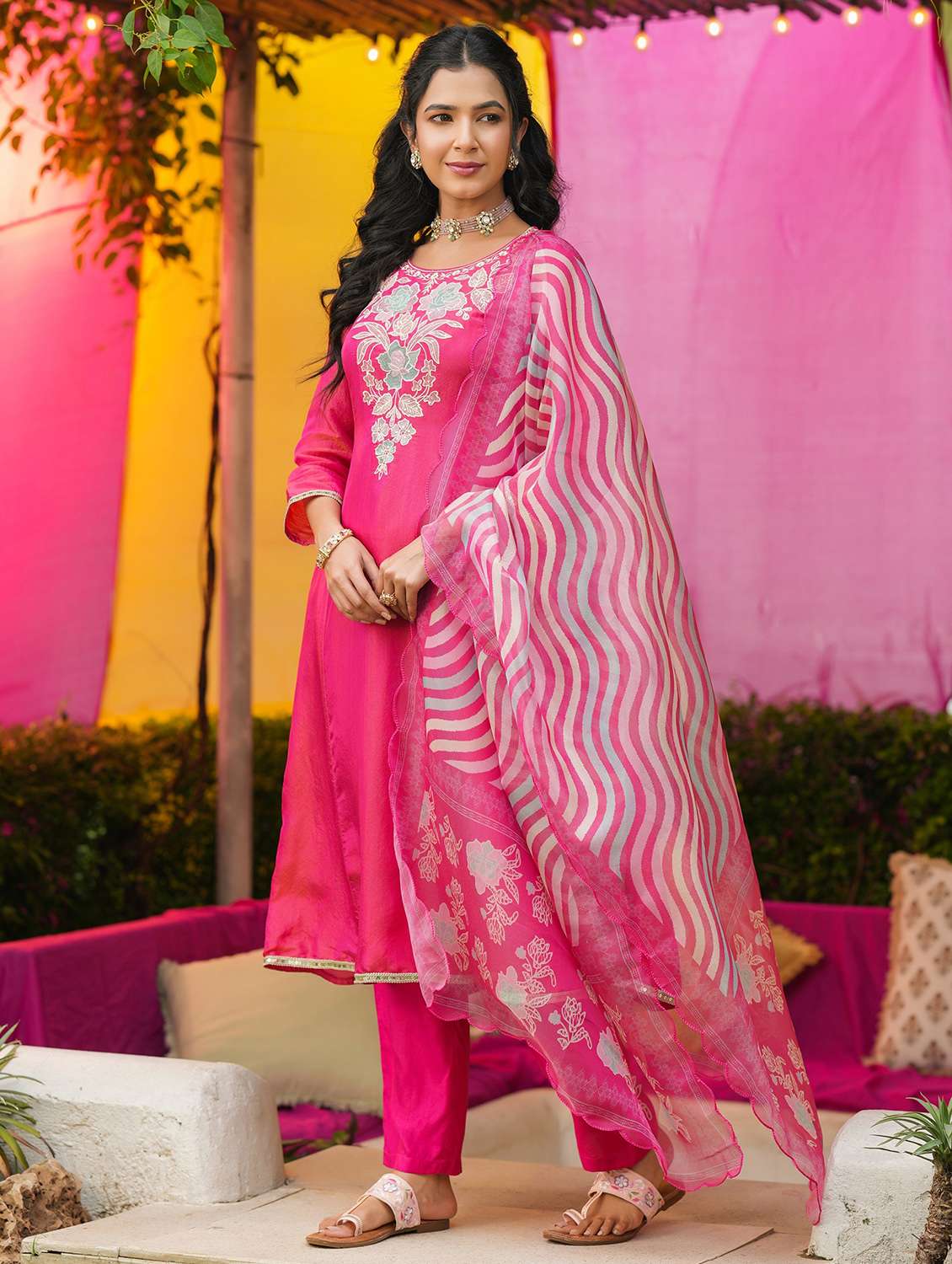 women solid with work three quarter sleeve kurta pant with dupatta set - 22072113 -  Standard Image - 2