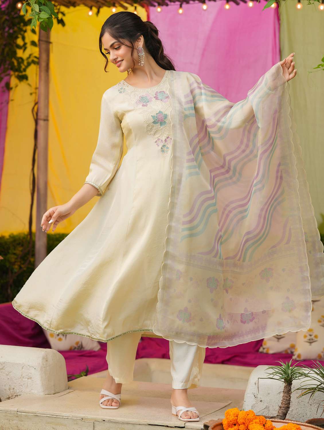 women solid with work three quarter sleeve kurta pant with dupatta set - 22072114 -  Standard Image - 2