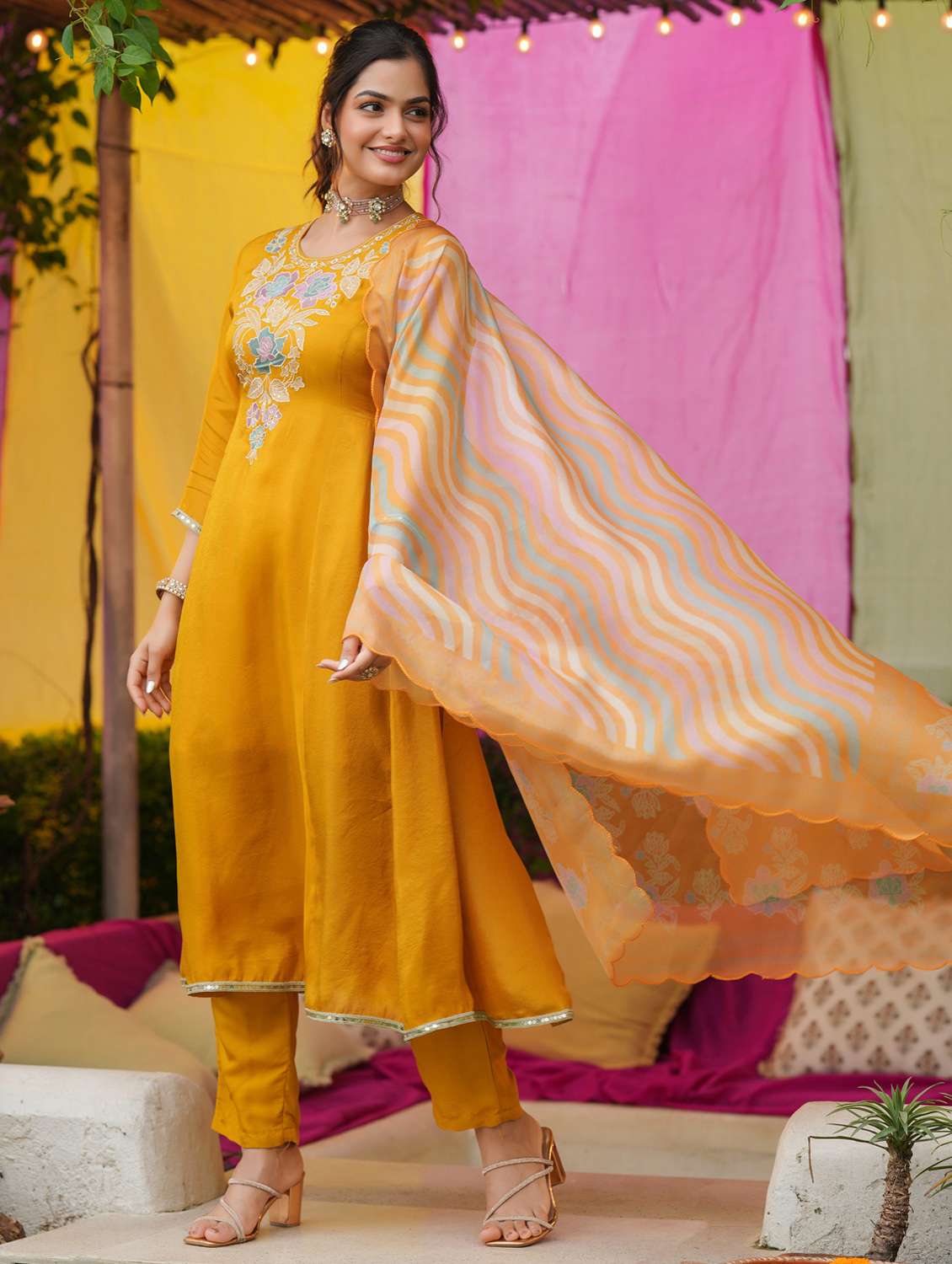 women solid with work three quarter sleeve kurta pant with dupatta set - 22072115 -  Standard Image - 2