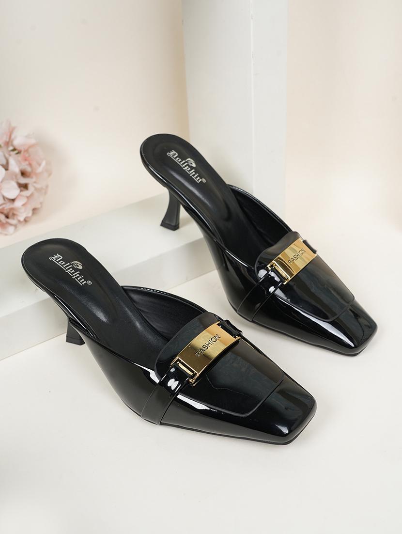 women black solid slip on mule
