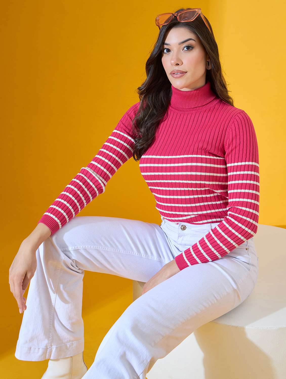 women striped long sleeve high neck pullover - 22072186 -  Standard Image - 2