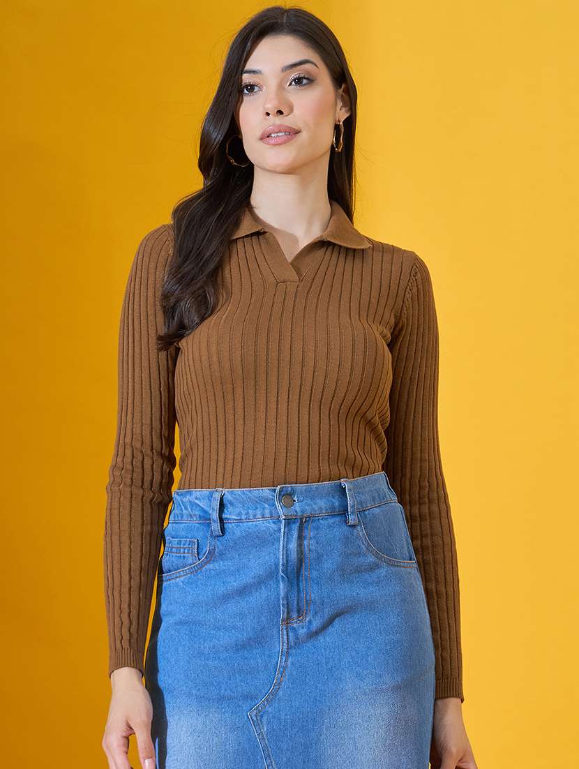 women solid long sleeve collared pullover