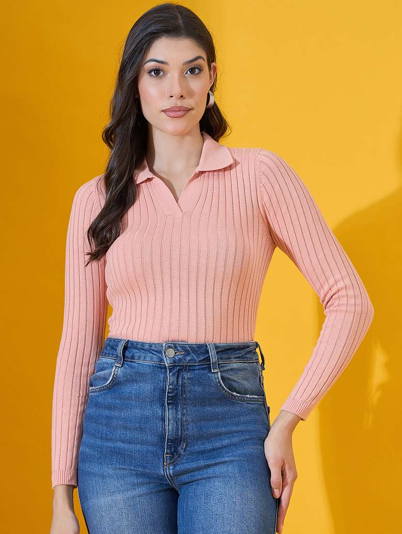 women solid long sleeve collared pullover