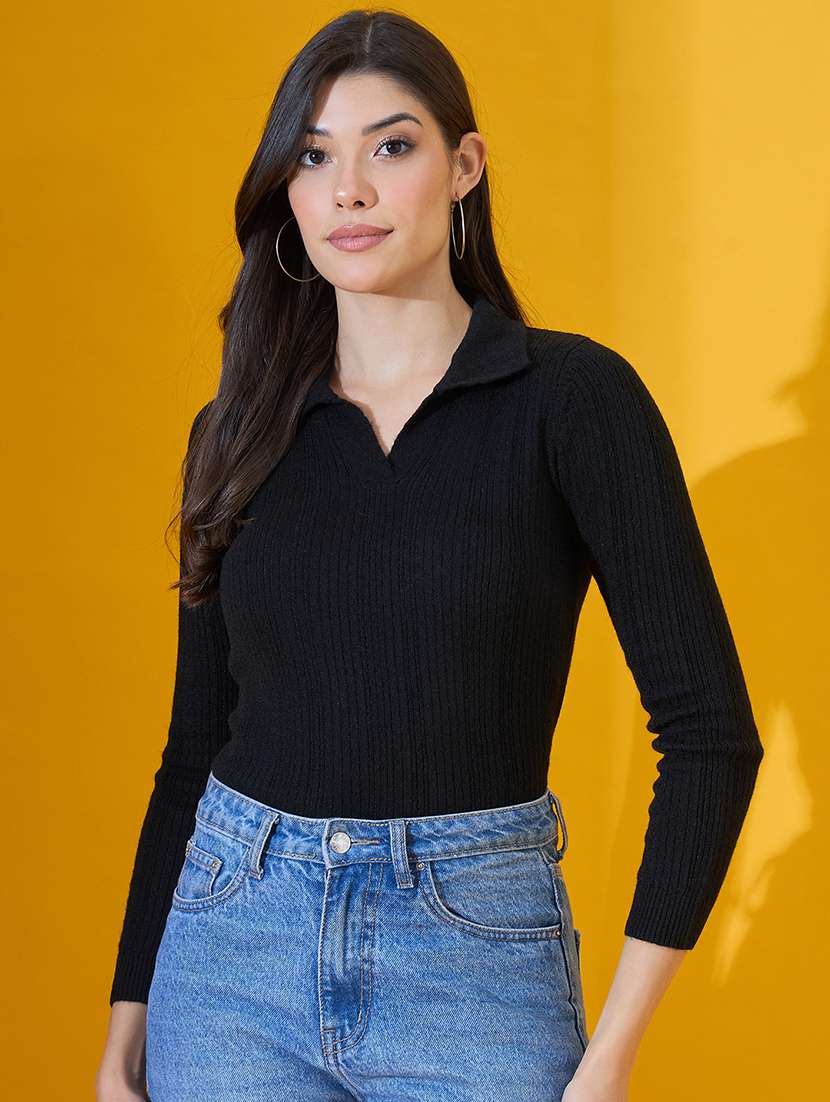 women solid long sleeve collared pullover