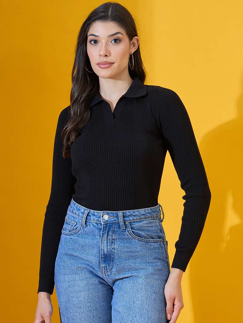 women solid long sleeve collared pullover