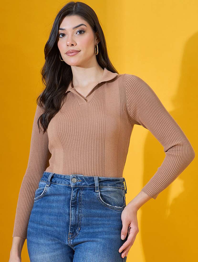 women solid long sleeve collared pullover