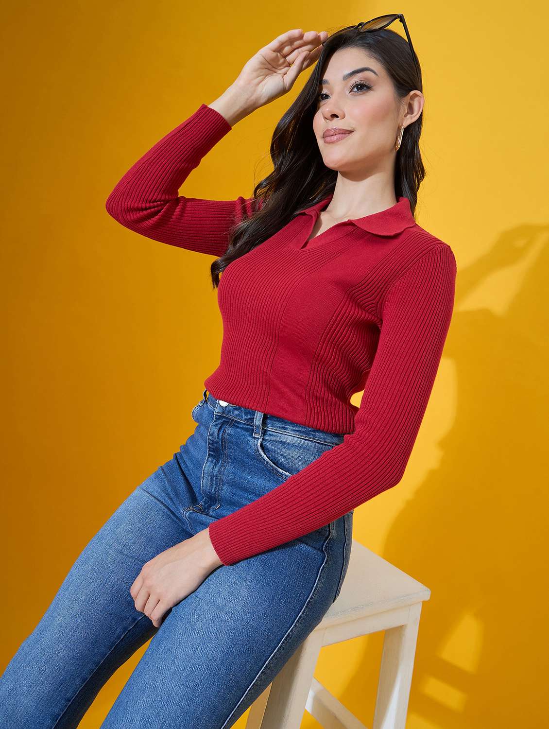 women solid long sleeve collared pullover - 22072215 -  Standard Image - 2