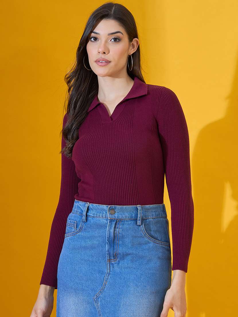 women solid long sleeve collared pullover