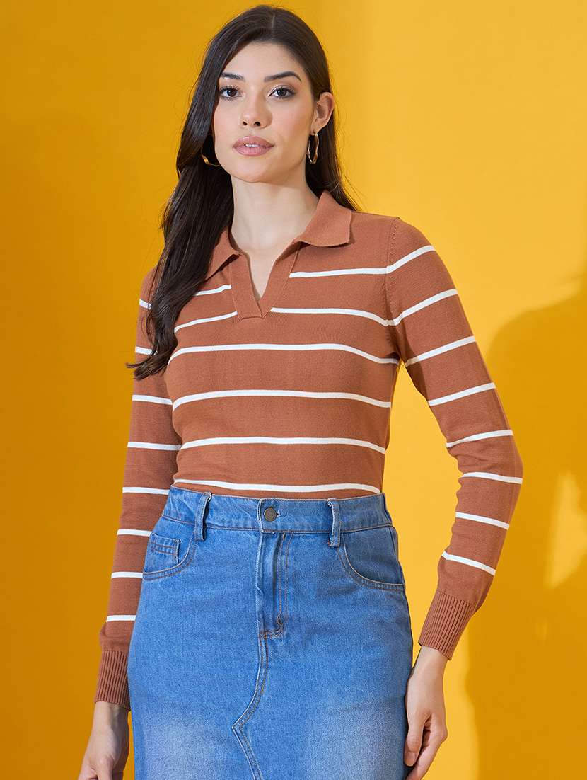 women striped long sleeve collared pullover