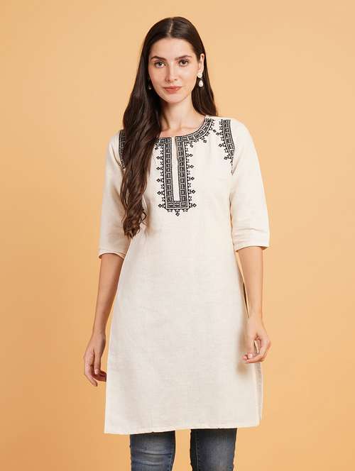 women embroidered three quarter sleeve straight kurti - 22072440 -  Standard Image - 0