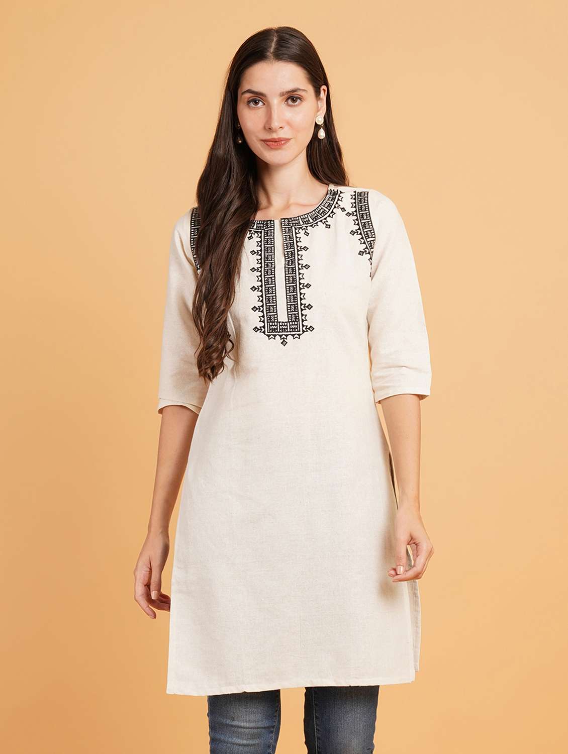 women embroidered three quarter sleeve straight kurti - 22072440 -  Zoom Image - 0
