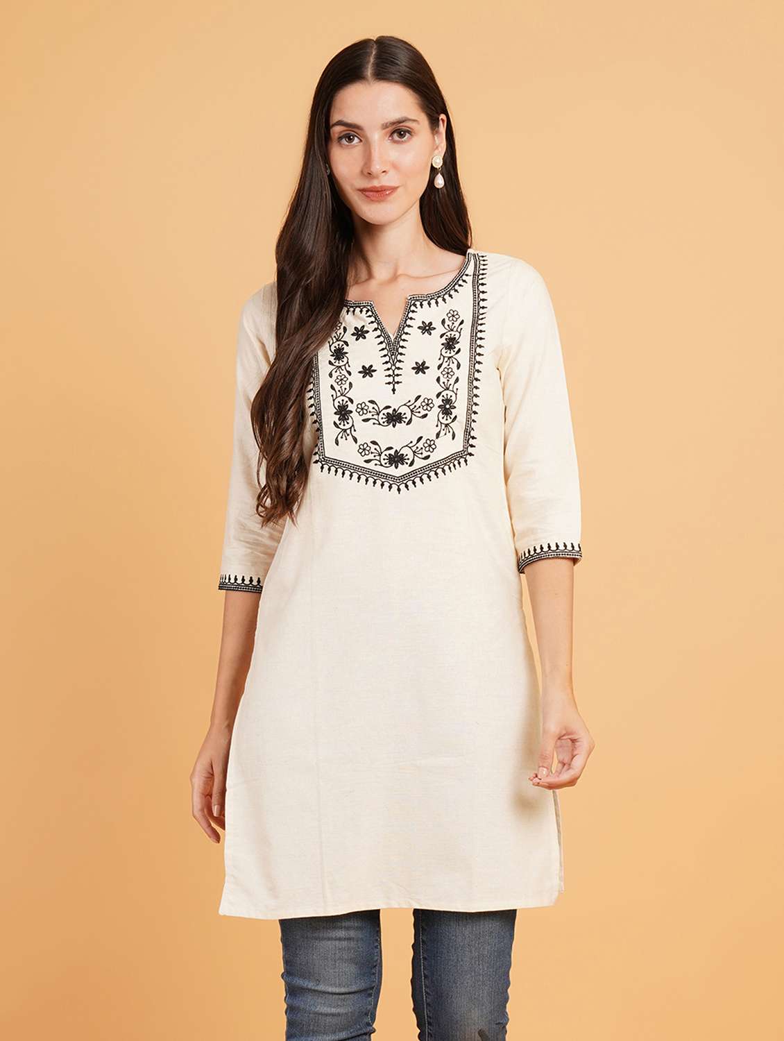 women embroidered three quarter sleeve straight kurti