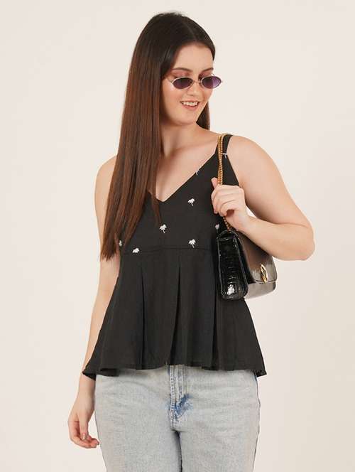 women embroidered shoulder strap peplum top - 22072499 -  Standard Image - 0