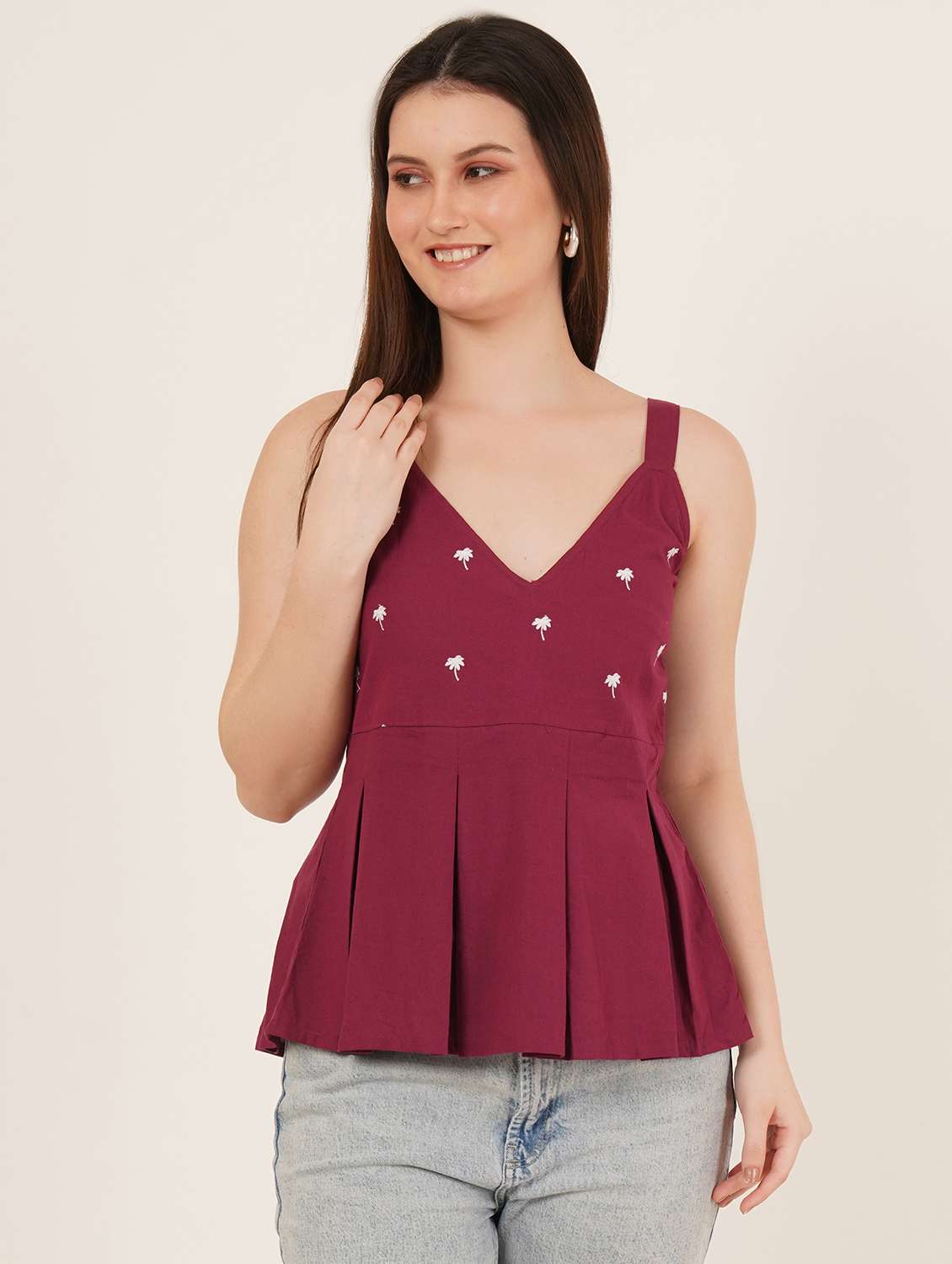 women embroidered shoulder strap peplum top