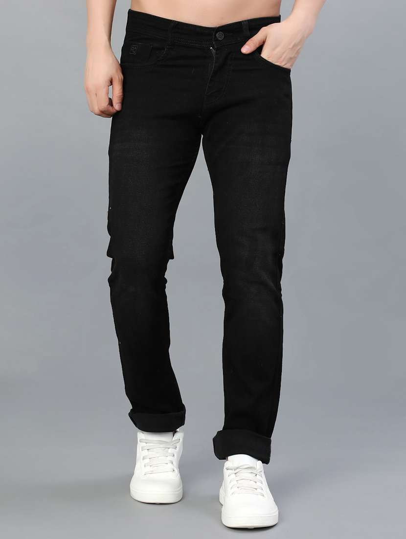 men washed mid rise full length jeans