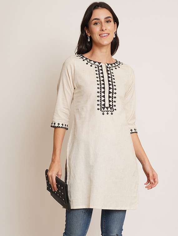 women embroidered three quarter sleeve straight kurti