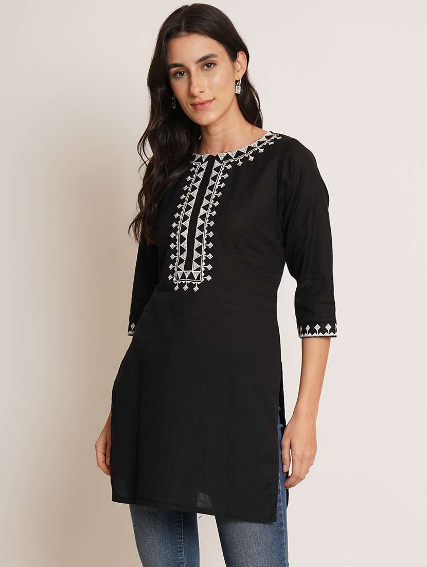 women embroidered three quarter sleeve straight kurti