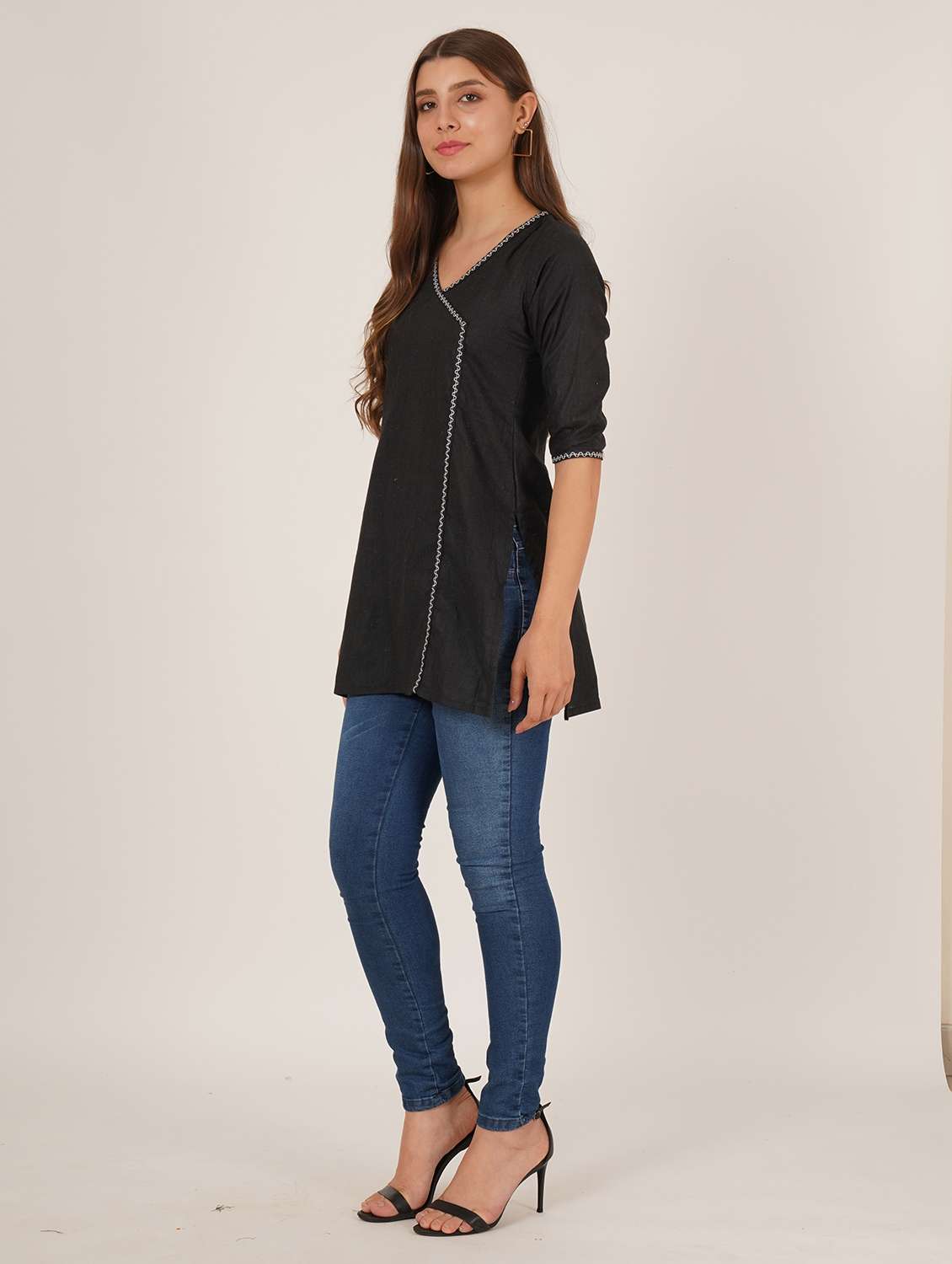 women embroidered three quarter sleeve angrakha kurti - 22072554 -  Standard Image - 2