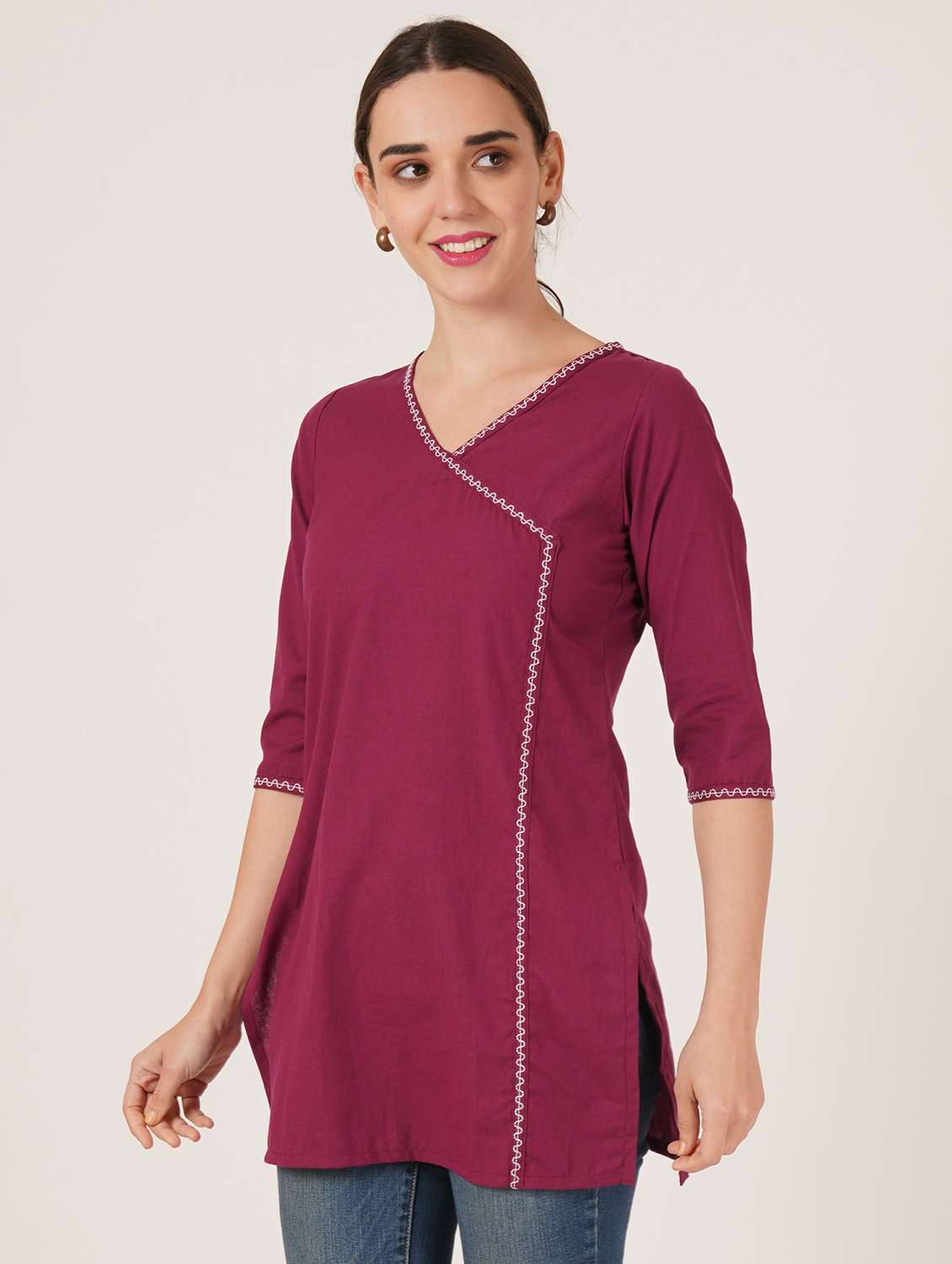 Women Embroidered Three Quarter Sleeve Angrakha Kurti - 22072555 -  Standard Image - 2