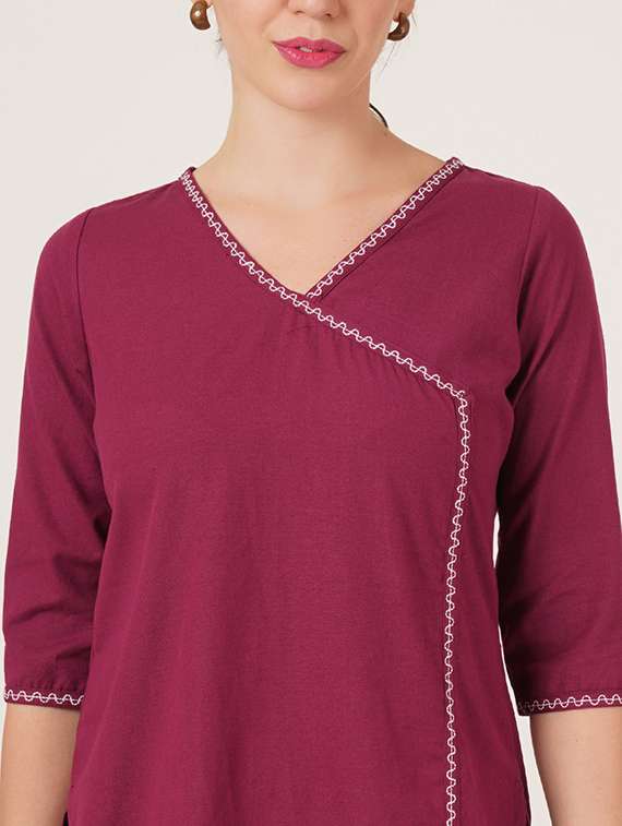 Women Embroidered Three Quarter Sleeve Angrakha Kurti - 22072555 -  Standard Image - 7