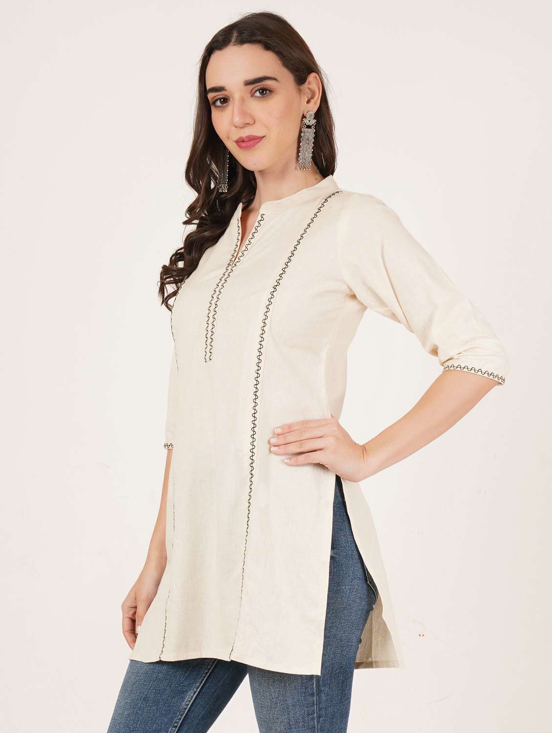 women embroidered three quarter sleeve straight kurti - 22072556 -  Standard Image - 2