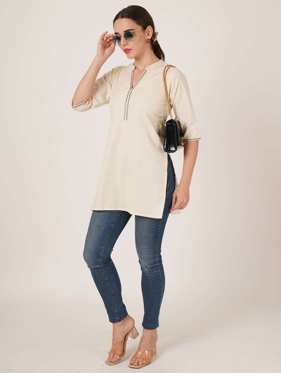 women embroidered three quarter sleeve straight kurti - 22072559 -  Standard Image - 2