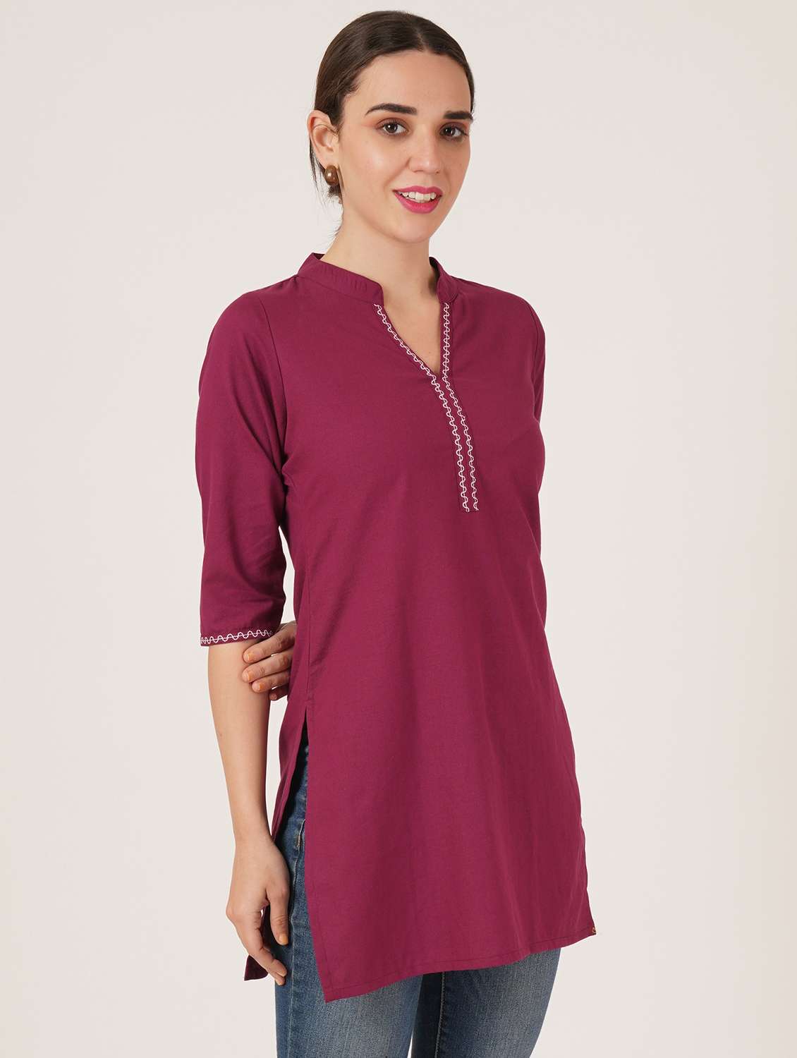 women embroidered three quarter sleeve straight kurti - 22072561 -  Standard Image - 2