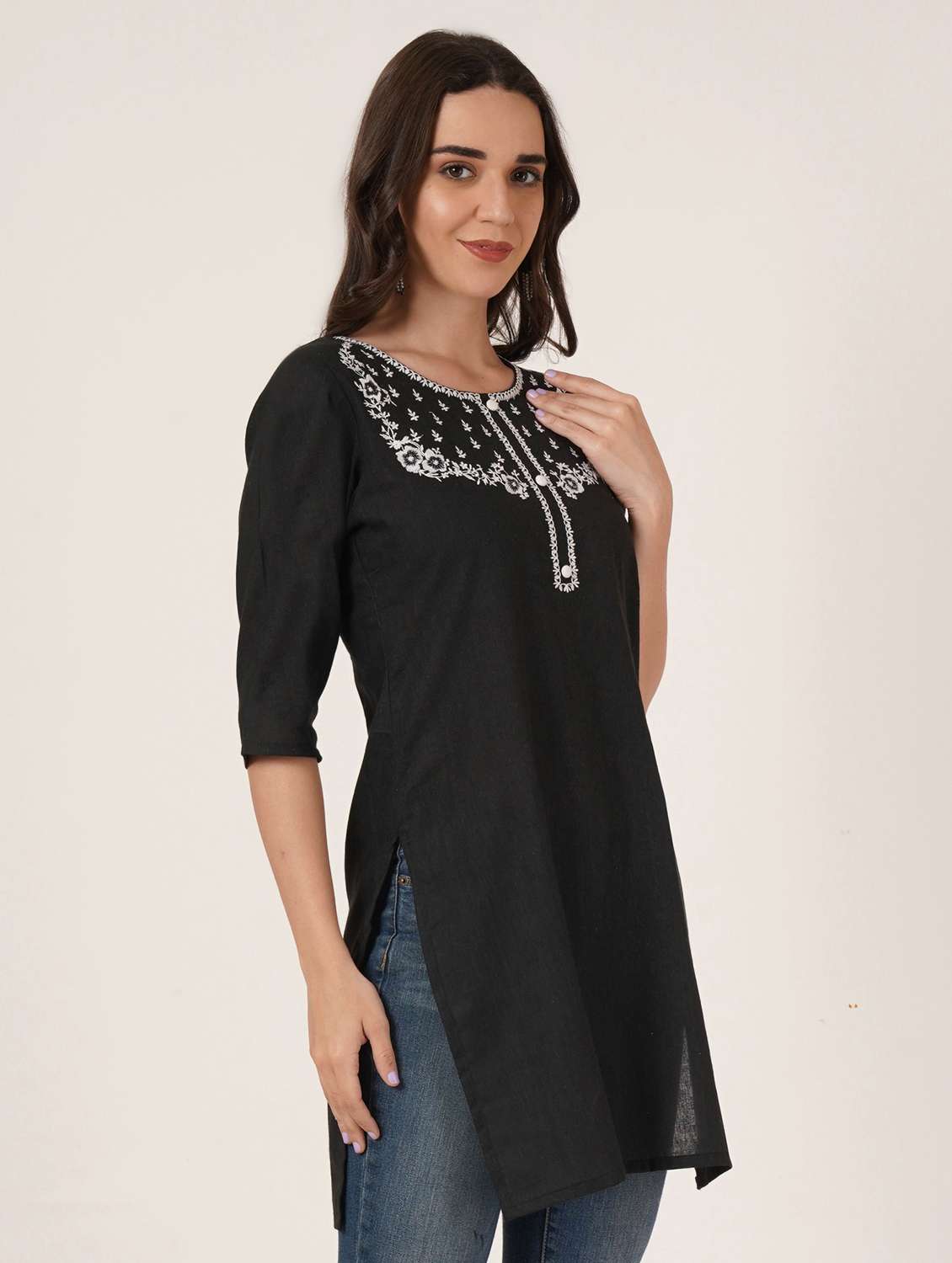 women embroidered three quarter sleeve straight kurti - 22072563 - Standard Image - 2