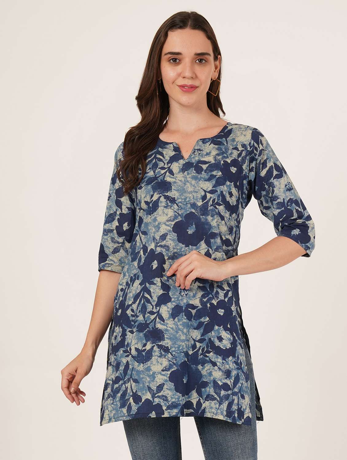 women floral printed three quarter sleeve straight kurti